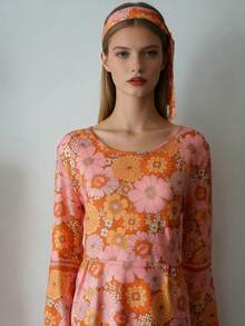 1 套万圣节复古 70 年代 80 年代嬉皮士服装连衣裙，花卉印花连衣裙，适合派对和舞台使用（不包括耳环和项链） - 印花 - 查看 16