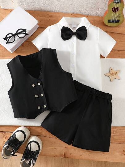 3pcs Boys Casual "3D Bow Tie" Short Sleeve Shirt + Solid Versatile Vest + Solid Versatile Shorts Outdoor Set, Spring/Summer