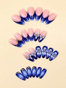 24片法式蓝色3D花朵按压式假指甲，美甲用品，适合日常佩戴 - 彩色 - 查看 3