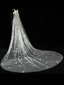 1pc Pearl Beaded Bow Bridal Veil, Cute & Elegant 3 Meters Long Train Veil, Suitable For Wedding Ceremony In Cathedral - Bow Style - View 4