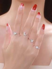1pc 925 Sterling Silver Sparkling Star Zirconia Adjustable Chain Ring For Women's Fashionable Wedding Party Jewelry - Silver - View 2