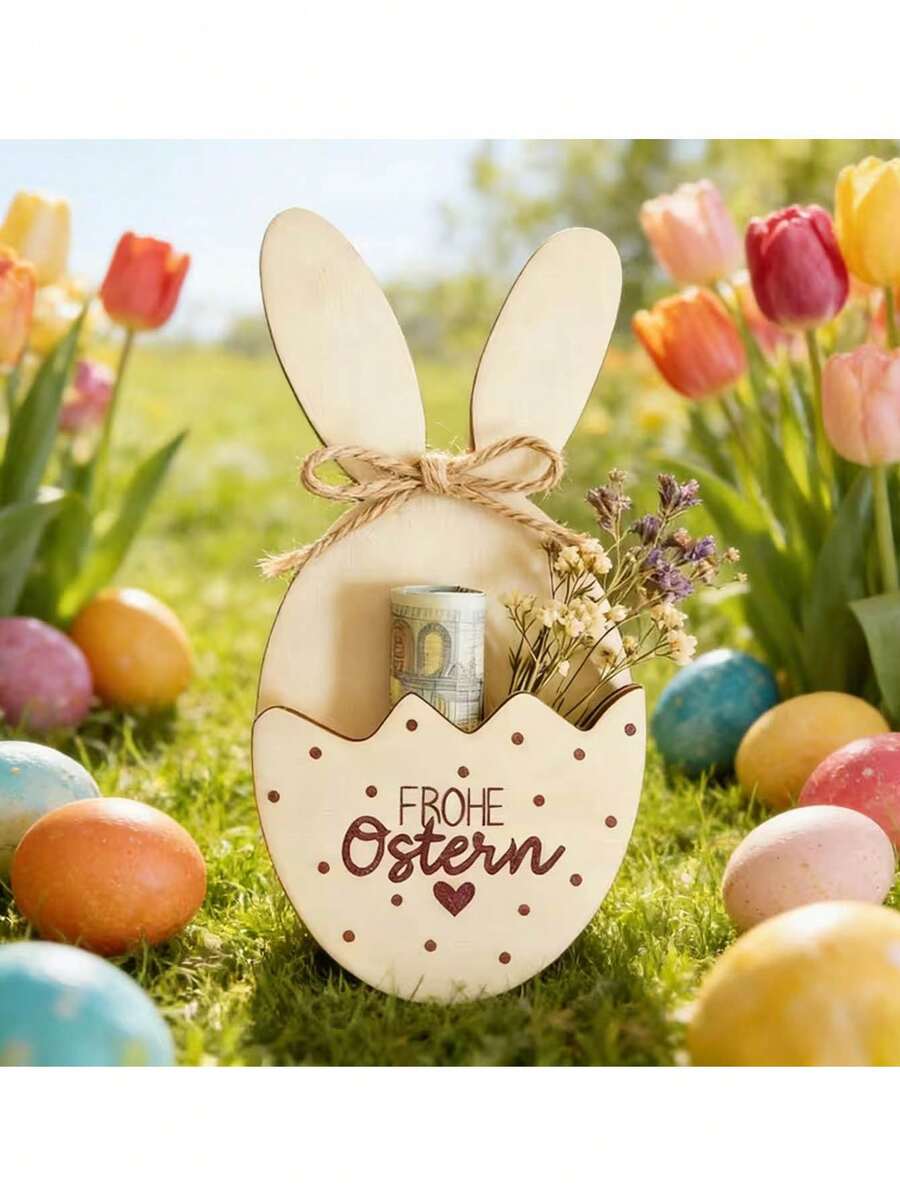 1pc Wooden Easter Bunny Decoration With Pocket For Gifts, Printed With "Happy Easter" Greeting, Suitable As Centerpiece For Easter Dinner Table, Office, Classroom, Party, Indoor/Outdoor Events, Also Great As Easter, Thanksgiving, Mother's Day Gift, Desktop Decor - one-size - View 1