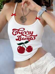 Summer New Minimalist Y2K Bow Detail Sweet Cherry Print Casual Round Neck Sleeveless Tank Top, Versatile & Fashionable For Women - White - View 6
