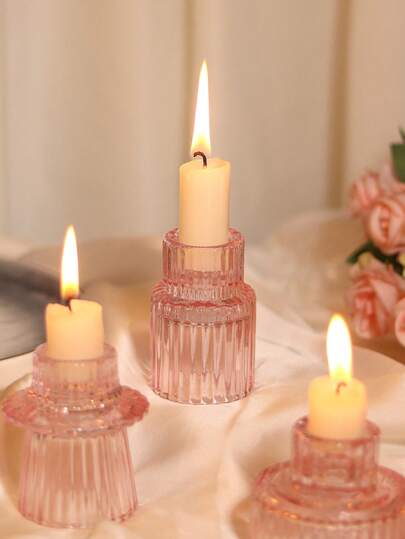 3 Pcs/1 Pc Transparent Glass Vertical Texture Candle Holder, Nordic Light Luxury Home Dining Table Romantic Candlelight Dinner Prop, Suitable For Dining Table, Wedding, Birthday, Living Room, Entryway, Tea Room, Tabletop Decoration, High-End Restaurant, Fireplace Side, Family Gathering, Eid Celebration, Decor, Yoga Meditation