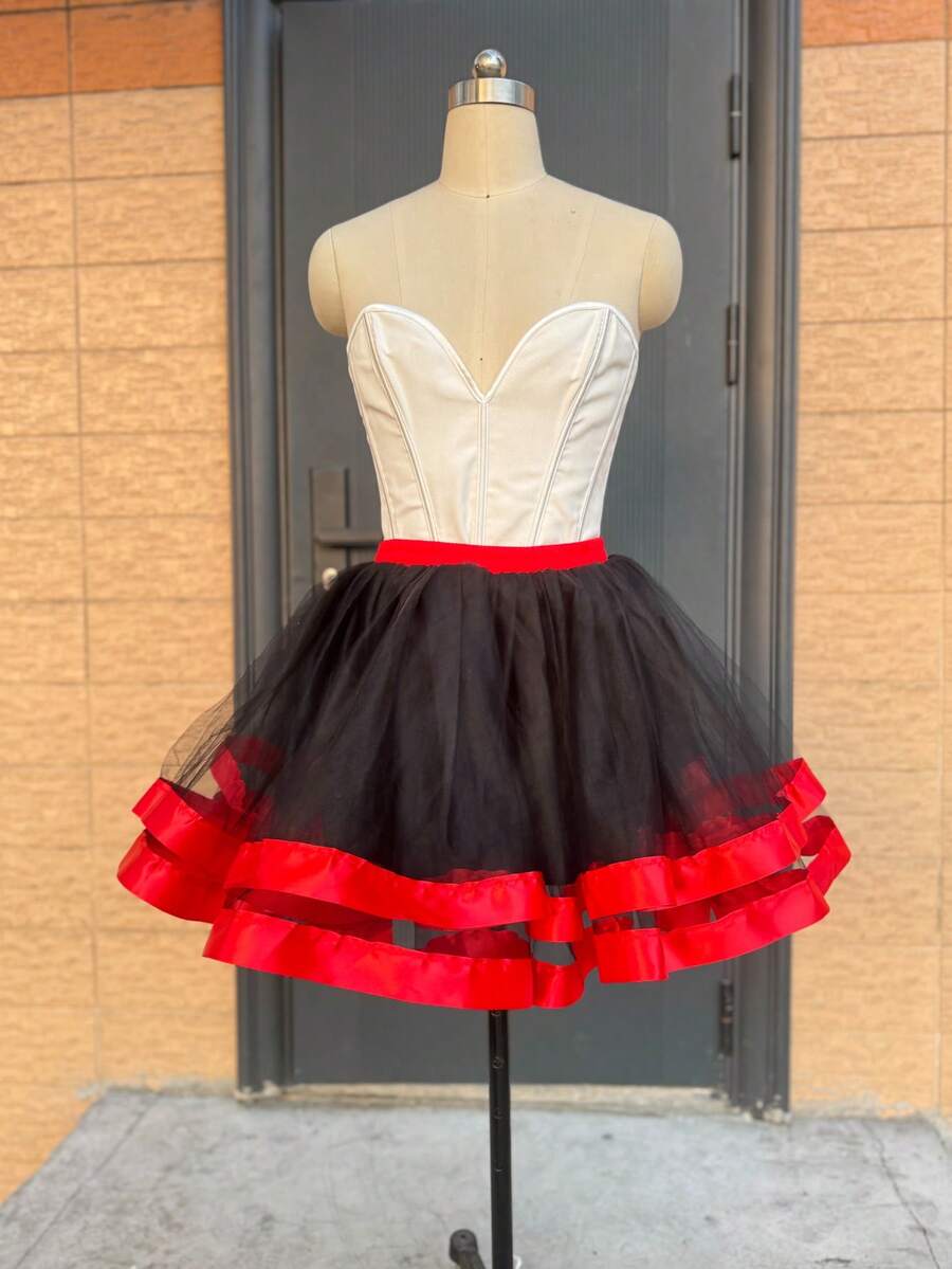 Jupe bouffante sans os style Lolita noire et rouge, jupe de costume Jupon, jupe tutu de ballet avec rubans, convient pour Halloween - A - Voir 1