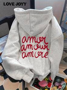 LOVE JOYY 女士休闲字母印花落肩连帽卫衣，带口袋，宽松时尚套头长袖上衣，适合上学、日常穿着、户外活动、跑步、秋冬季派对等场合。 - 灰色 - 查看 5