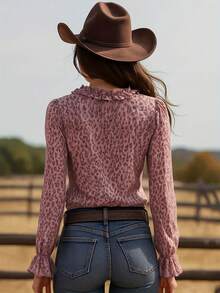 Women's Leopard Print V-Neck Ruffle Trim Regular Sleeve Semi-Sheer Woven Blouse Vacation Spring - Watermelon Pink - View 2