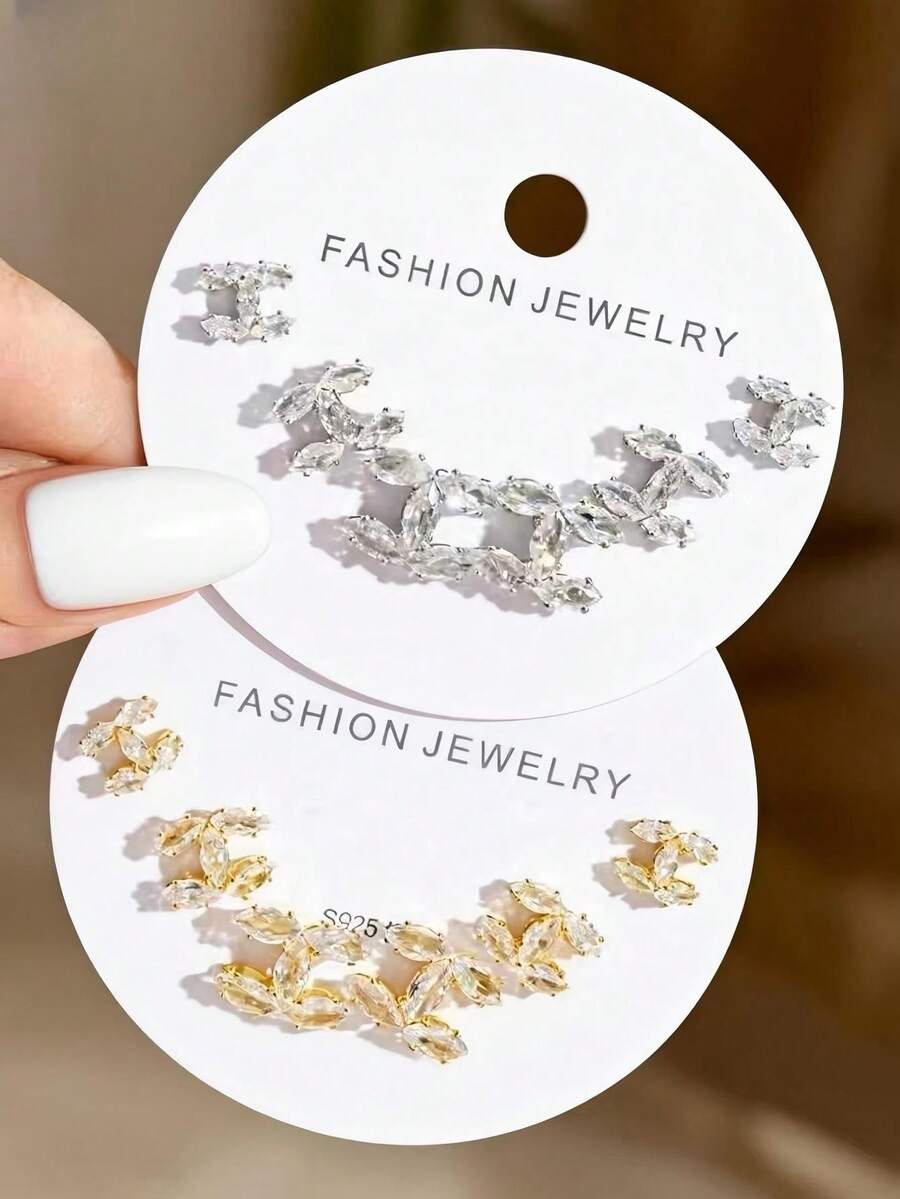 1 Set Elegant 925 Silver Needle White Diamond Double C Letter Earrings, Suitable As Wedding Party Jewelry Gift For Women - C Earring Set - View 1