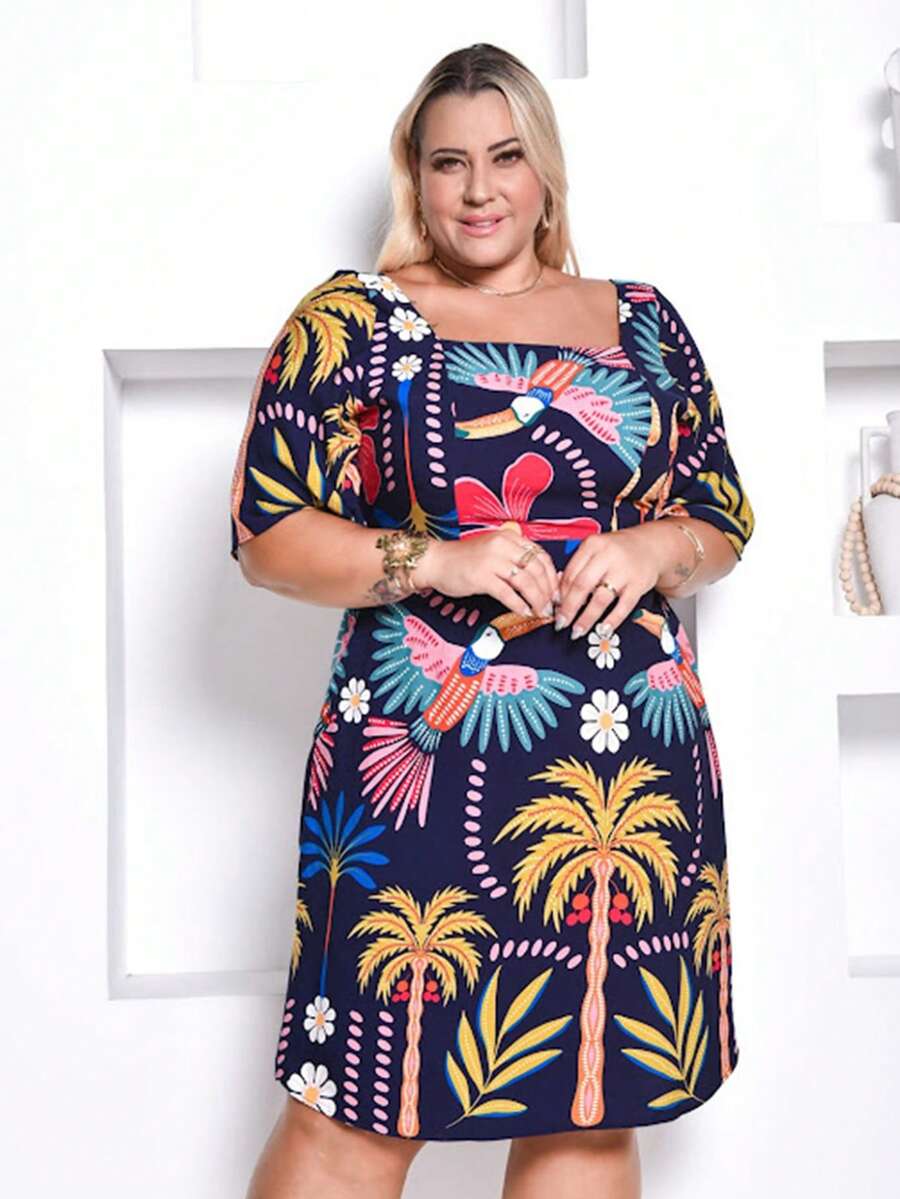 Women's Plus Size Printed Midi Short Dress - Azul marino EST - Ver 1
