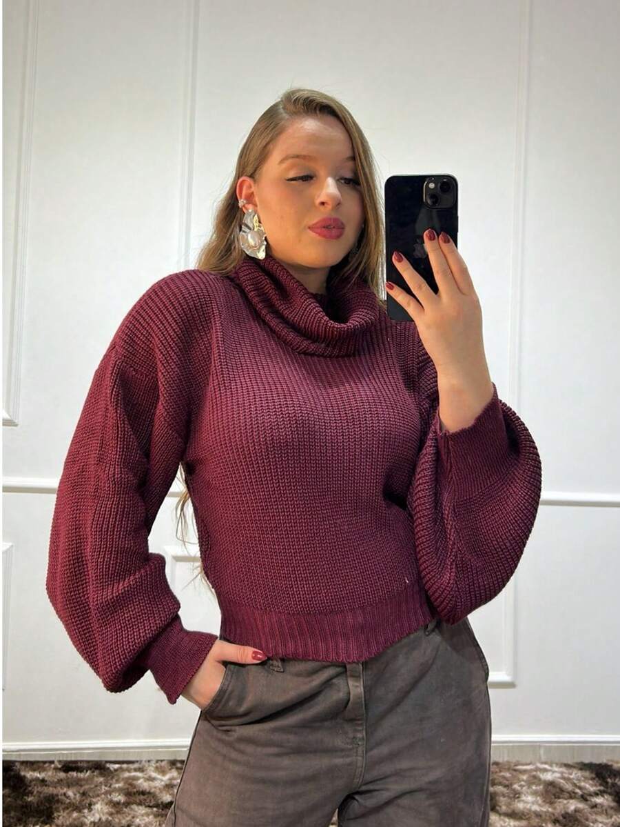 Knitted High Neck Blouse Puffed Sleeve Fang Point Winter - Redwood - View 1