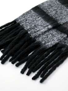 1条女士加厚格子围巾，大号蓬松流苏披肩，适合学生、家居装饰或秋冬季户外保暖 - 黑色 - 查看 6