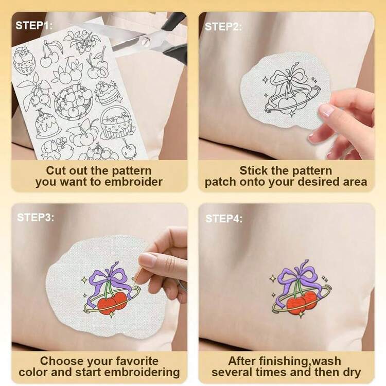 4 ورقات ملصقات تطريز قابلة للذوبان بالماء بنقوش الكرز للخياطة اليدوية للمبتدئين والعشاق، نقوش مطرزة مطبوعة مسبقًا على قماش غير منسوج لاصق ذاتي مع 16 لون خيوط و16 إبرة - A - مشاهدة 9