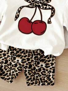 Baby Girl Cherry Print Short Sleeve T-Shirt And Leopard Print Shorts Set - White - View 4