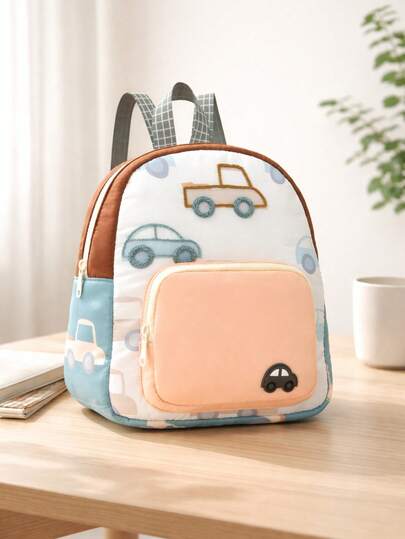 1 pieza: Mochila bordada con diseño de coche lindo, mochila escolar ligera para niños, diseño de dibujos animados, perfecta para salidas diarias, jardín de infantes, preescolar y viajes familiares.
