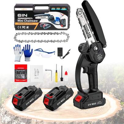 Mini motosierra inalámbrica, motosierra eléctrica de 6 pulgadas, ligera y portátil, adecuada para mujeres, personas mayores y aficionados al bricolaje, con dos baterías de 48 V y 2000 mAh para podar árboles y cortar madera.
