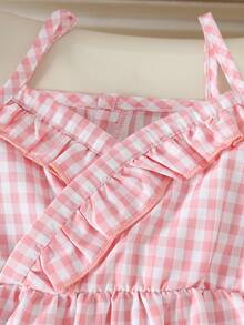 Baby Girls' Pink Plaid Camisole Top + Faux Denim Shorts Set, Ruffled Bow Decor, Summer Outfit - Baby Pink - View 7