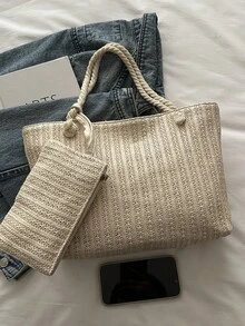 2026新款乡村风多功能女士单肩包，中号两件套度假编织手提包。钱包。休闲大容量手提包，草编包，沙滩包，轻松 - 米色 - 查看 8