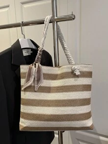 Large Capacity Scarf Tote Bag, 2026 Summer Striped Straw Woven Handbag, Beach Bag, Shoulder Tote, Casual & Versatile - Beige - View 2