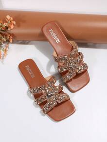 Women's Summer New Rhinestone Decor Square Toe Low Heel Flat Slip-On Black & White Open Toe Sandals, Fashionable & Elegant For Daily Wear, Skirts, Silver Beach Shoes - Rust Brown (champagne Sequins) - View 4