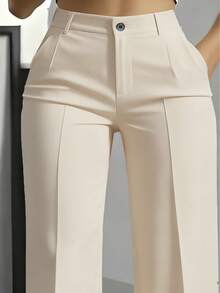 Plus Size Solid Color Button Pocket Zipper Office Minimalist Low-Waist Versatile Pants - Apricot - View 2