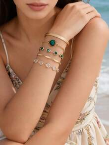 imoli 5pcs/set Fashionable Zinc Alloy Rhinestone Heart & Round Decor Bracelet For Women For Daily Decoration - Yellow Gold - View 3