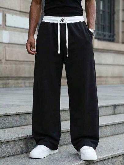 Men's All-Match Simple Versatile Non-Picky Embroidered Black Drawstring Loose Fit Relaxed Casual Sports Pants, Suitable For All Seasons, Deep Grey Spring