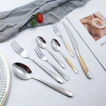 24pcs Stainless Steel Starry Dinnerware Set, Elegant Hammered Design, Stainless Steel, Dishwasher , Suitable For Family Gatherings, Festivals, Weddings Or As A Thoughtful Gift - - - View 7