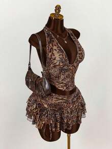 Women's Halter Backless Leopard Print Tank Top And Fashionable Low Waist Skirt Set - Cà phê nâu - Xem 9