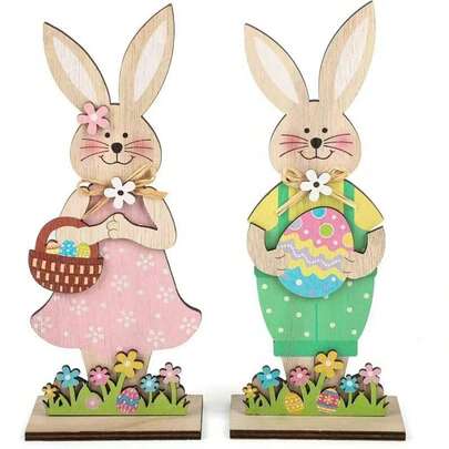 Colorful Wooden Rabbit Decor, Easter Rabbit Tiered Tray Decor, Floral Egg Basket Desktop Decor, Farmhouse Style Desktop Decor, Suitable As Housewarming And Birthday Party Gift, Desktop Decor, Couple Rabbit Decor, Easter Decoration