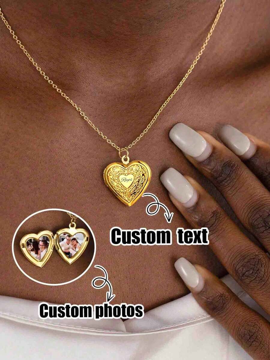 Customized Photo Heart-Shaped Stainless Steel Necklace, Personalized Vintage Oval Heart-Shaped Box Can Hold 2 Photos, Memorial Pendant Gift For Her, Suitable For Mother's Day, Valentine's Day, Christmas, Birthday, Anniversary, Wedding, Thanksgiving, Best Friend Gift, Daily Wear Delicate Chain Necklace, Women's Fashion Memorial Jewelry