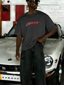 Men's Fashionable Casual Street Style Loose Short-Sleeved T-Shirt | Racing Car & Letter Print | Exquisite Design | Spring/Summer Must-Have | Basic Style, Versatile And Easy To Wear, Showcasing Your Personal Style. - Dark Grey - View 3