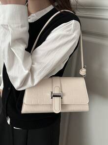Tas Bahu Minimalis Vintage Elegan dengan Penutup Asimetris Motif Buaya Warna Polos yang Modis - Krem - View 4