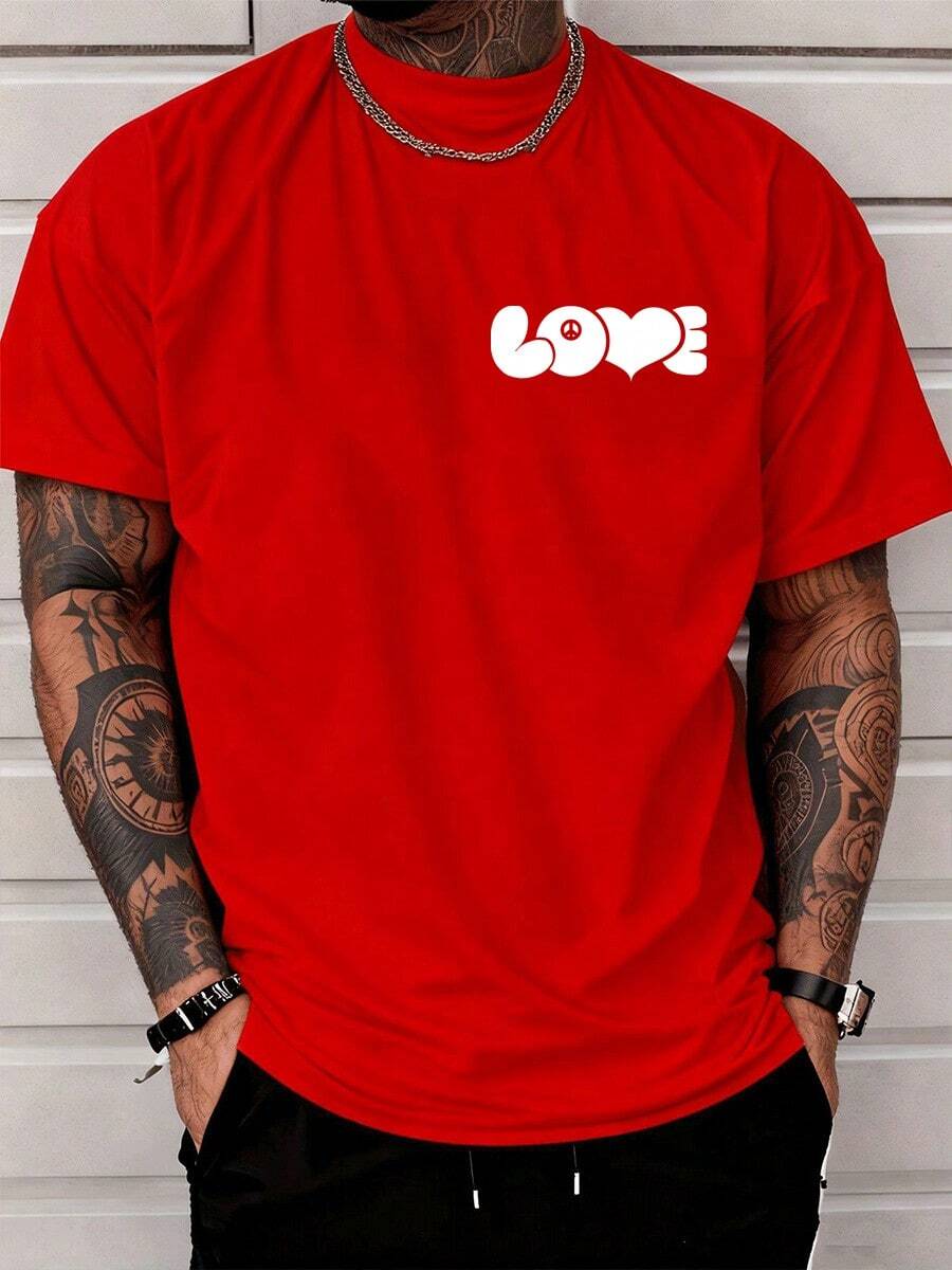 Red T-Shirt,Unisex Simple Crew Neck Short-Sleeved Top, Love And Peace (Anti-War Symbol), Short-Sleeved Crew Neck Casual Top, Hoping For Peace, Spreading Love, Printed T-Shirt, Retro T-Shirt. - 紅色 - 查看 1