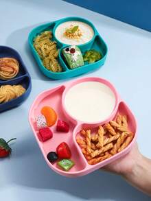 1pc Divided Suction Bowl, Creative 3-Compartment Silicone Dinner Plate - Multicolor - View 3