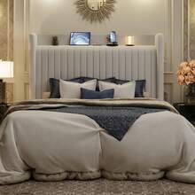 SHA CERLIN Full/Queen/King Size Velvet Bed Frame With USB Charging Station, Wingback Storage Headboard, Upholstered Platform Bed With Wooden Slats Support, No Box Spring Needed, Easy Assembly, White - 查看 7