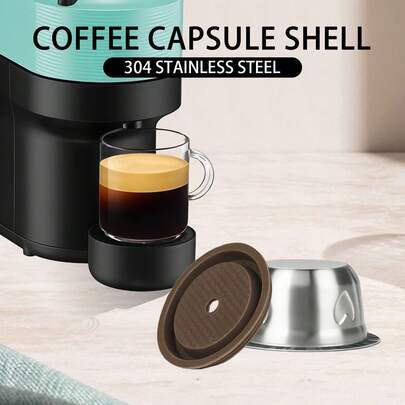 Cápsula de café recarregável em aço inoxidável reutilizável, compatível com Vertuo, inclui tampa de silicone.
