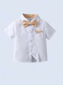 BOARNSEORL 2pcs Young Boys Gentleman Outfit - Short Sleeve Shirt With Bow Tie And Suspender Shorts, Fashionable And Elegant For Banquet, Party, Birthday, Wedding - Khaki - View 6