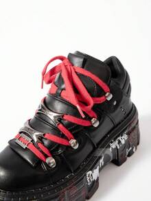 Thick Bottom Platform Outdoor Sport Shoes, Graffiti Punk Large Size Women Casual Sneakers, Metal Decoration All Match Retro Gothic Shoes, Mujer Tennis Trainers - 黑色 - 查看 9