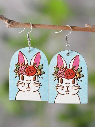 1 Pair Vintage Colorful Rabbit & Flower Pendant Earrings, Wooden Double-Sided Easter Geometric Earrings, Gift