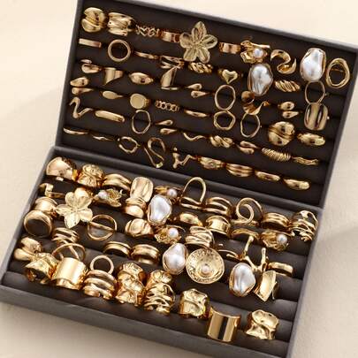 7/12/27pcs Women's Vintage Fashion Elegant Gold-Tone Ring Set, Includes Leaf, Heart, Snake, Butterfly, Square Rings, Suitable For Daily Wear, Parties, Weddings, Stackable Rings, Great Gift For Her