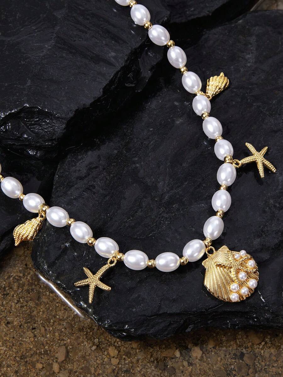 Opalesca 1pc Bohemian Style Sea Themed Starfish And Seashells Pendant Necklace, Suitable For Women Beach Holiday Wear - Gold - View 1
