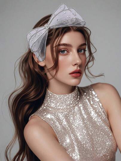 1件银色女士头饰，蝴蝶结发箍，镶嵌银色水钻，甜美头饰，约会礼物，新年礼物，生日礼物，纪念品，新娘头饰，婚礼派对配饰，装扮头饰，摄影道具，春夏头饰