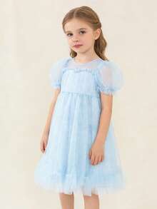 mini bala Summer Girls A-Line Dress With Flowy Mesh Puff Sleeves And High Waist Princess Skirt - Blue - View 3