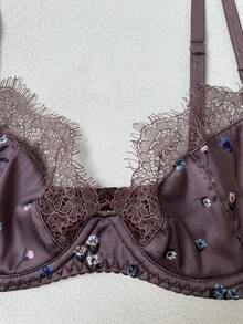 Women's Satin Printed Lace Patchwork Lingerie Set 2 Pieces Bra And Panty Set - Coffee Brown - View 6