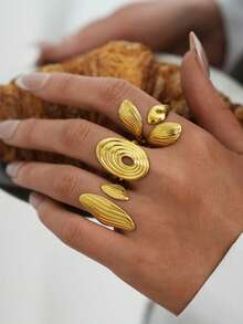 3pcs/1pc Gold Stainless Steel Women's Adjustable Open Ring Set, Stackable Thick Jewelry, Western Style, Waterproof, Suitable For Daily Wear - Gold - View 7