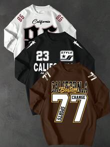 Kit Of 3 Oversized T-Shirts, Street Style, Streetwear, California, Sizes 30, 23, 96, Unisex, 100% Cotton, Loose Fit - 黑白巧克力 - 查看 1