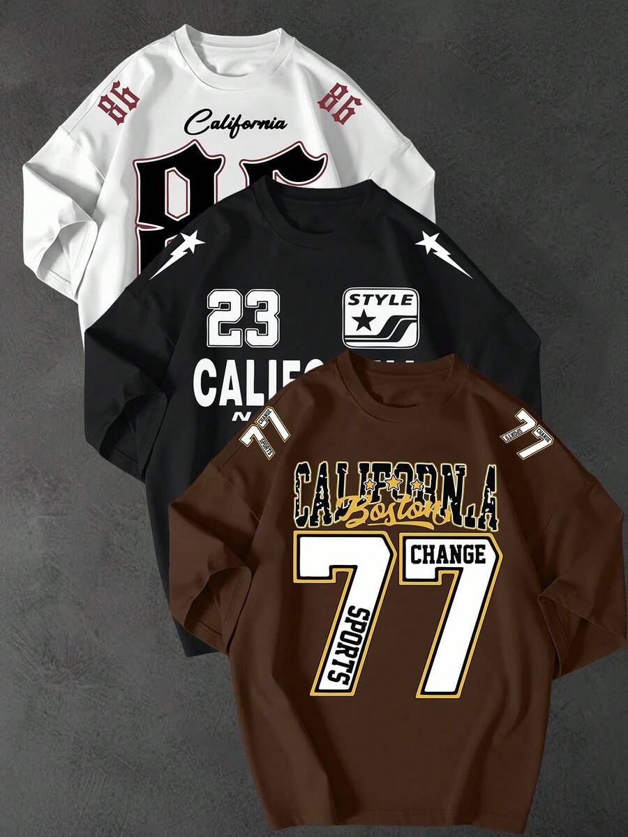 Kit Of 3 Oversized T-Shirts, Street Style, Streetwear, California, Sizes 30, 23, 96, Unisex, 100% Cotton, Loose Fit - 黑白巧克力 - 查看 1