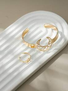 2pcs Fashionable & Elegant Moon Hollow & Star Ring Set, Suitable For Ramadan, Party, Celebration, Gift, Jewelry Set With Unique Design - Yellow Gold - View 2