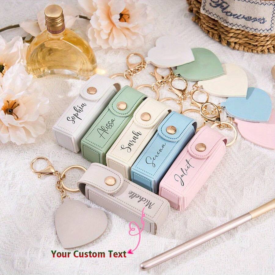 Customized Text Logo Portable Lipstick Case With Heart Shaped Mirror, Cute Minimalist Keychain Gift For Mom/Lover
