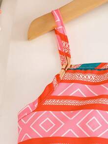 3pcs/Set Girls Casual Geometric Print Sleeveless Top + Matching Allover Print Hat And Capri Pants Outdoor Suit, Spring/Summer - Multicolor - View 3